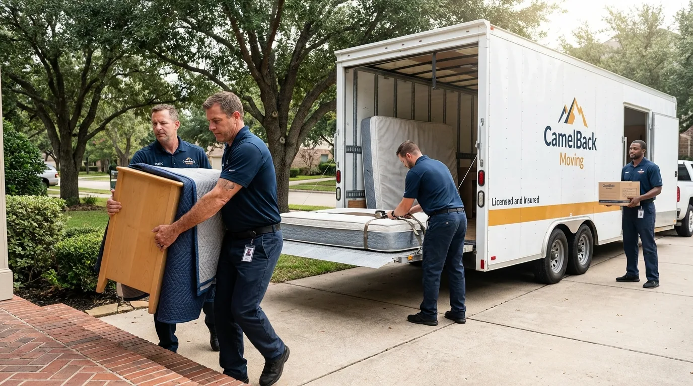 Crew loading residential truck for cross-state move from Hampden, ME