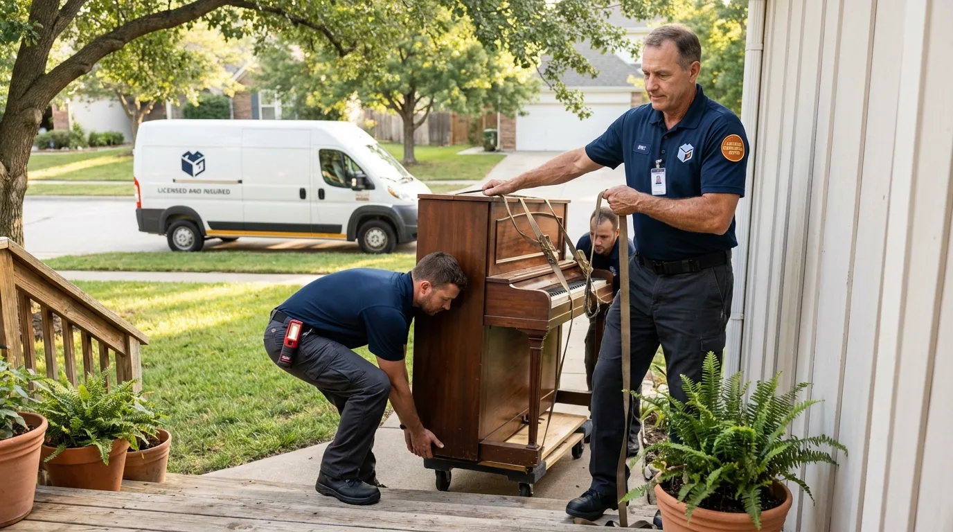 Licensed piano movers securing grand piano in Hampden, ME