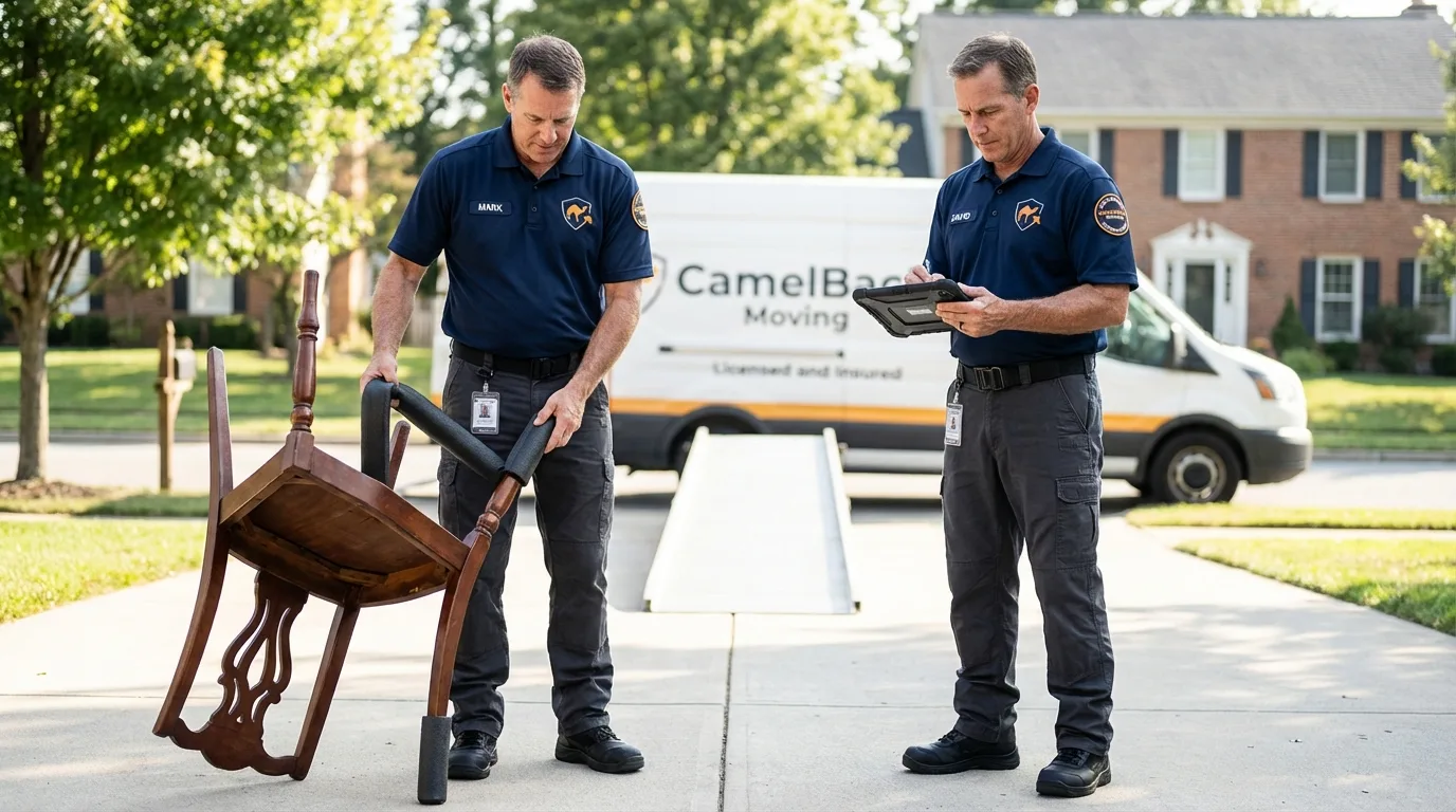 Movers inspecting furniture for damage prevention before loading in Hampden, ME