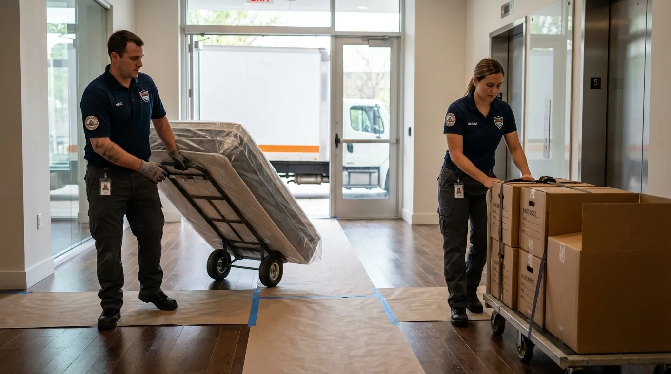 Professional apartment movers loading elevator in Hampden, ME