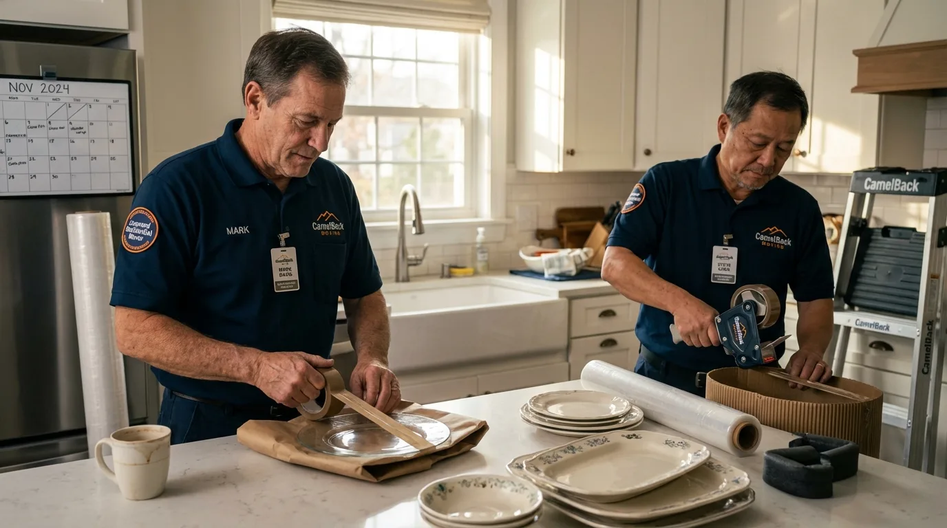 Professional crew packing kitchen dishware in Hampden, ME