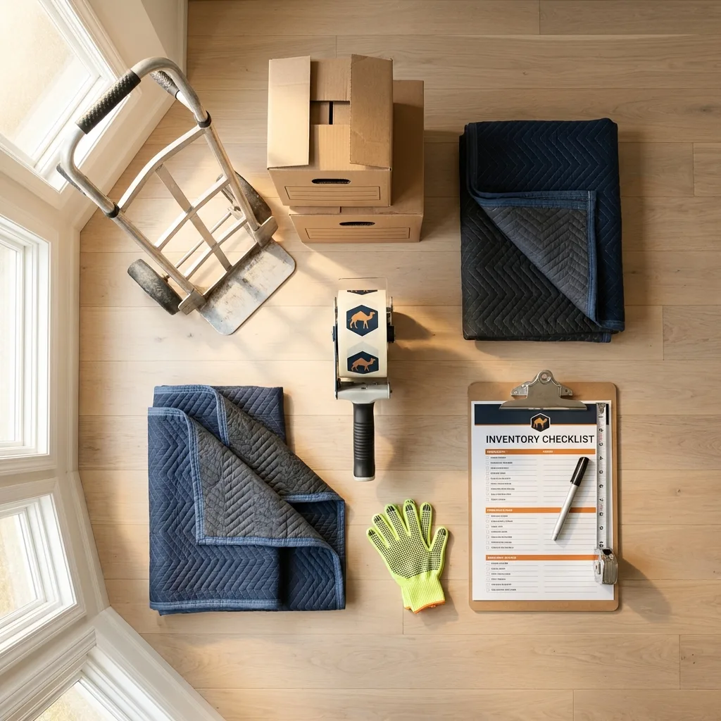 Professional moving supplies and packing materials layout for Hampden residential relocations